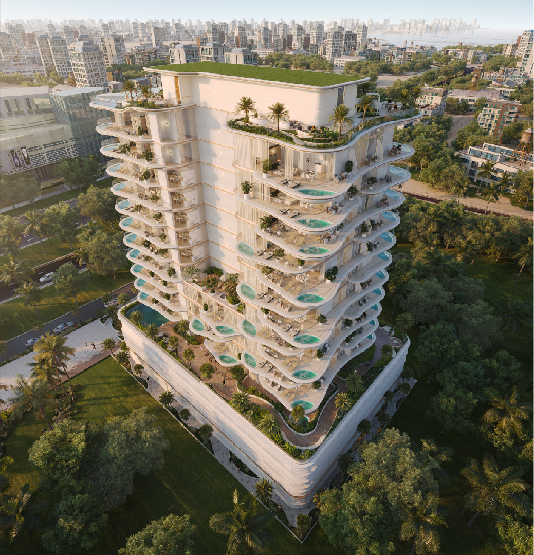 Beach Walk Residence Ii A modern, multi-level building with curved balconies, greenery, and pools, surrounded by cityscape and gardens.